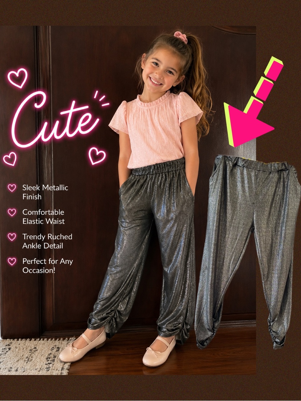 Flowers by Zoe Metallic Charcoal Ruched Ankle Joggers